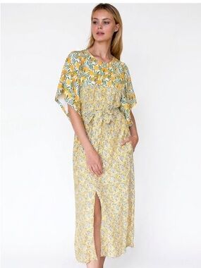 Emerson Fry Lemon Yellow Green Floral Print Maxi Dress Size Small Linen Blend